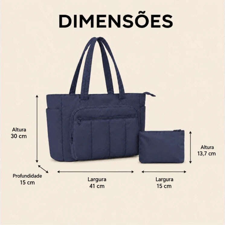 Kit Bolsa Tote Feminina com Necessaire (2 peças) Bags Mart Cor Azul Profundo — Dimensões em centímetros