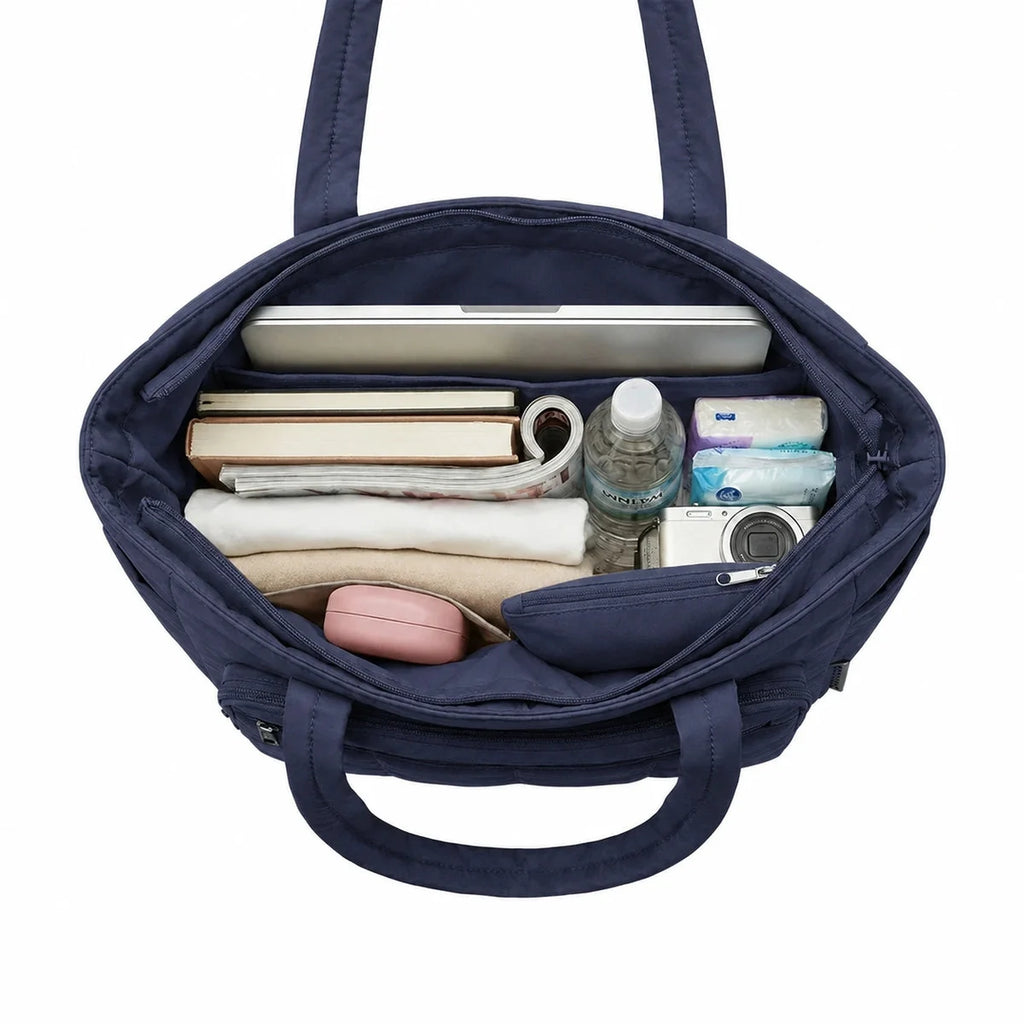 Kit Bolsa Tote Feminina com Necessaire (2 peças) Bags Mart Cor Azul Profundo — Interior e compartimentos