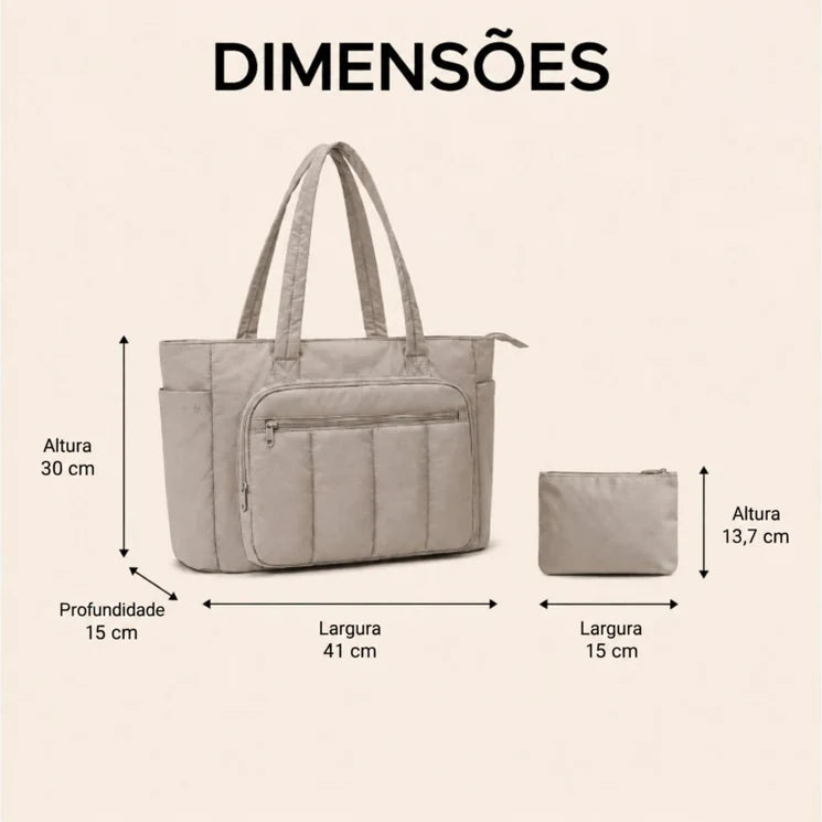 Kit Bolsa Tote Feminina com Necessaire (2 peças) Bags Mart Cor Cáqui — Dimensões em centímetros