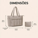 Kit Bolsa Tote Feminina com Necessaire (2 peças) Bags Mart Cor Cáqui — Dimensões em centímetros