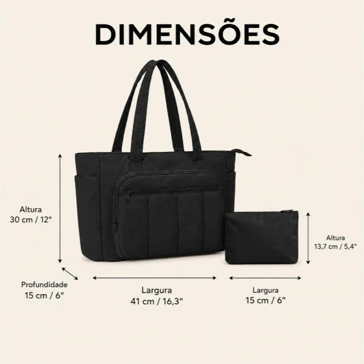 Dimensões do Kit Bolsa Tote Feminina com Necessaire Preto: bolsa tote 41 x 30 x 15 cm e necessaire 15 x 13,7 cm