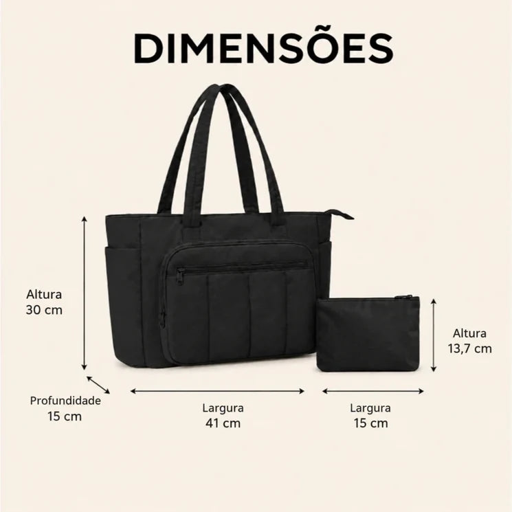 Kit Bolsa Tote Feminina com Necessaire (2 peças) Bags Mart Cor Preto — Dimensões em centímetros