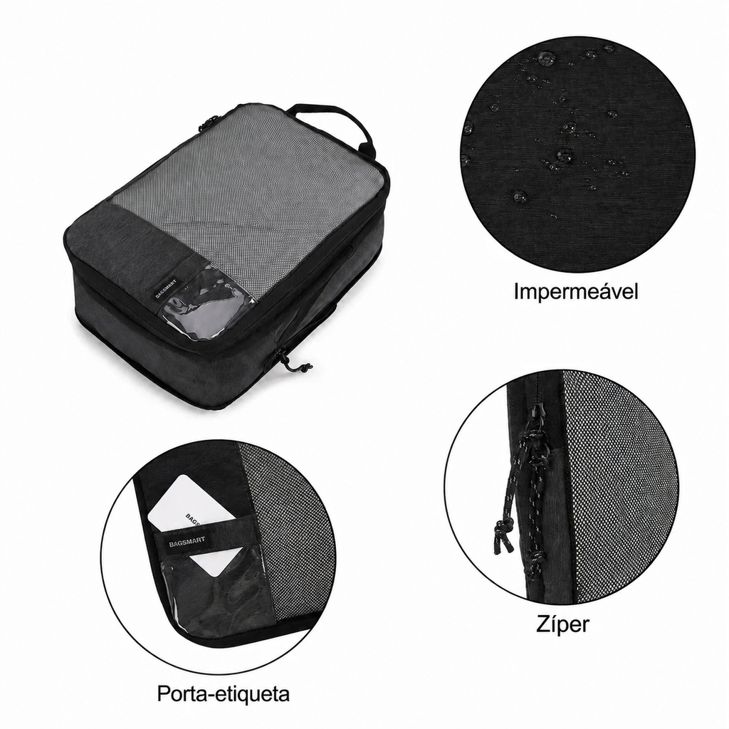 Kit Cubos Organizadores Bags Mart Preto - Impermeável, Zíper e Porta-etiqueta