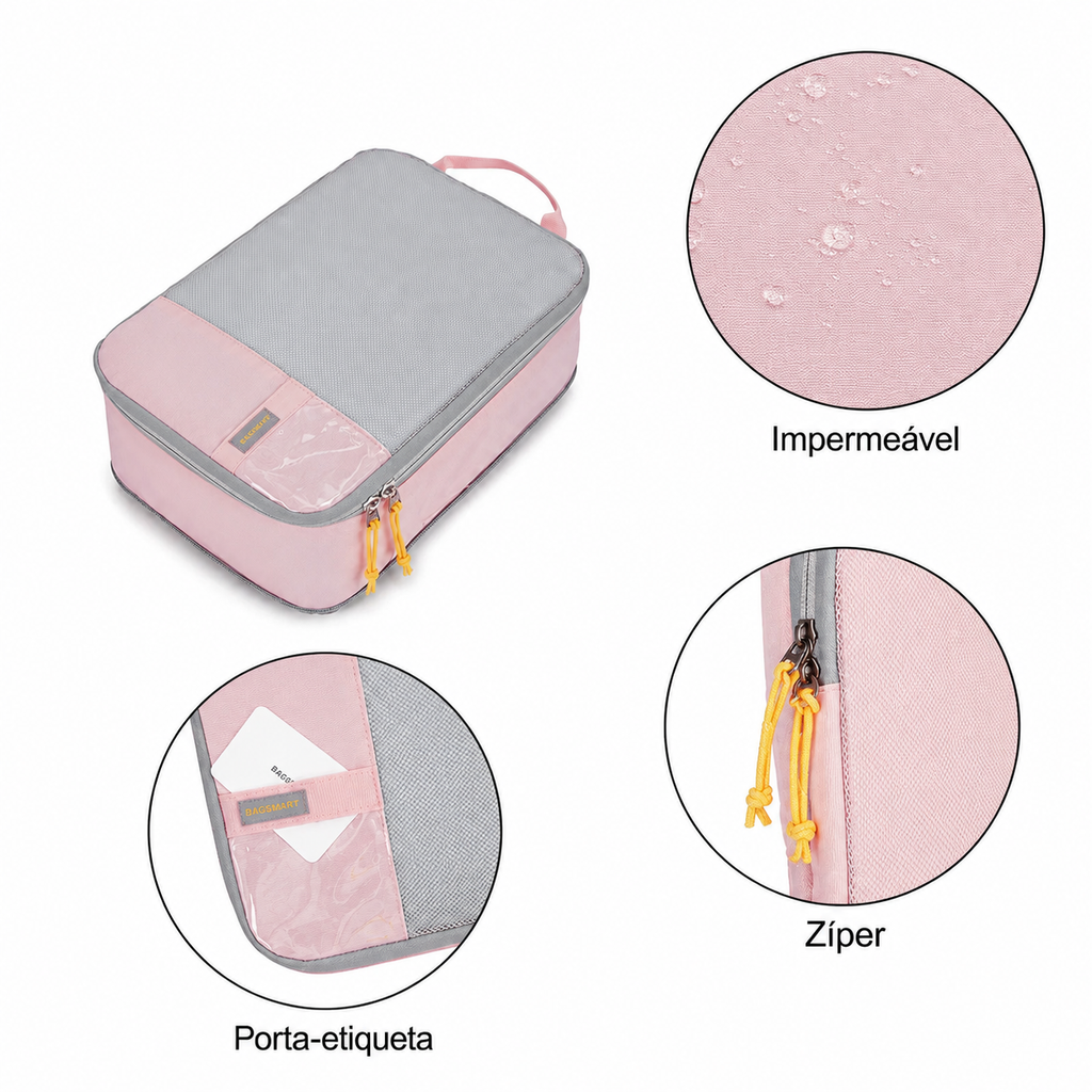 Kit Cubos Organizadores Bags Mart Rosa - Impermeável, Zíper e Porta-etiqueta