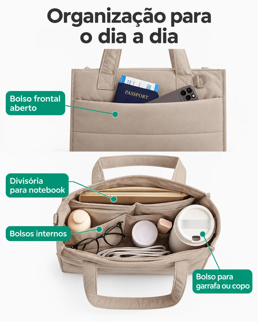 Bolsa Tote Boxy Média Bags Mart Cor Bege — Compartimentos e organização interna