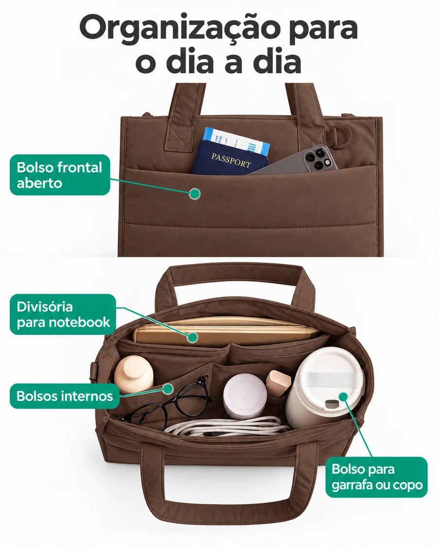 Bolsa Tote Boxy Média Bags Mart Cor Café — Compartimentos e organização interna