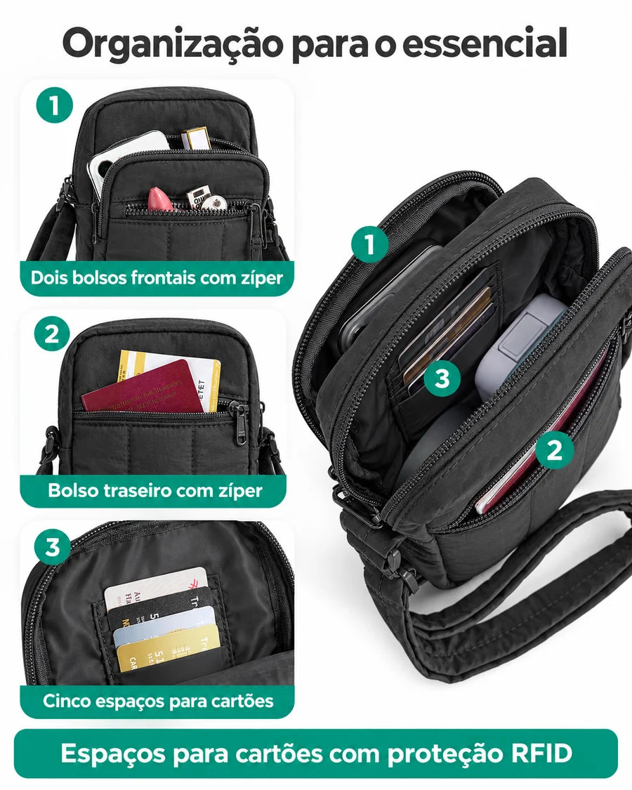 Pochete Esportiva para Corrida e Caminhada Bags Mart Cor Preto — Bolsos, compartimentos e espaços para cartões