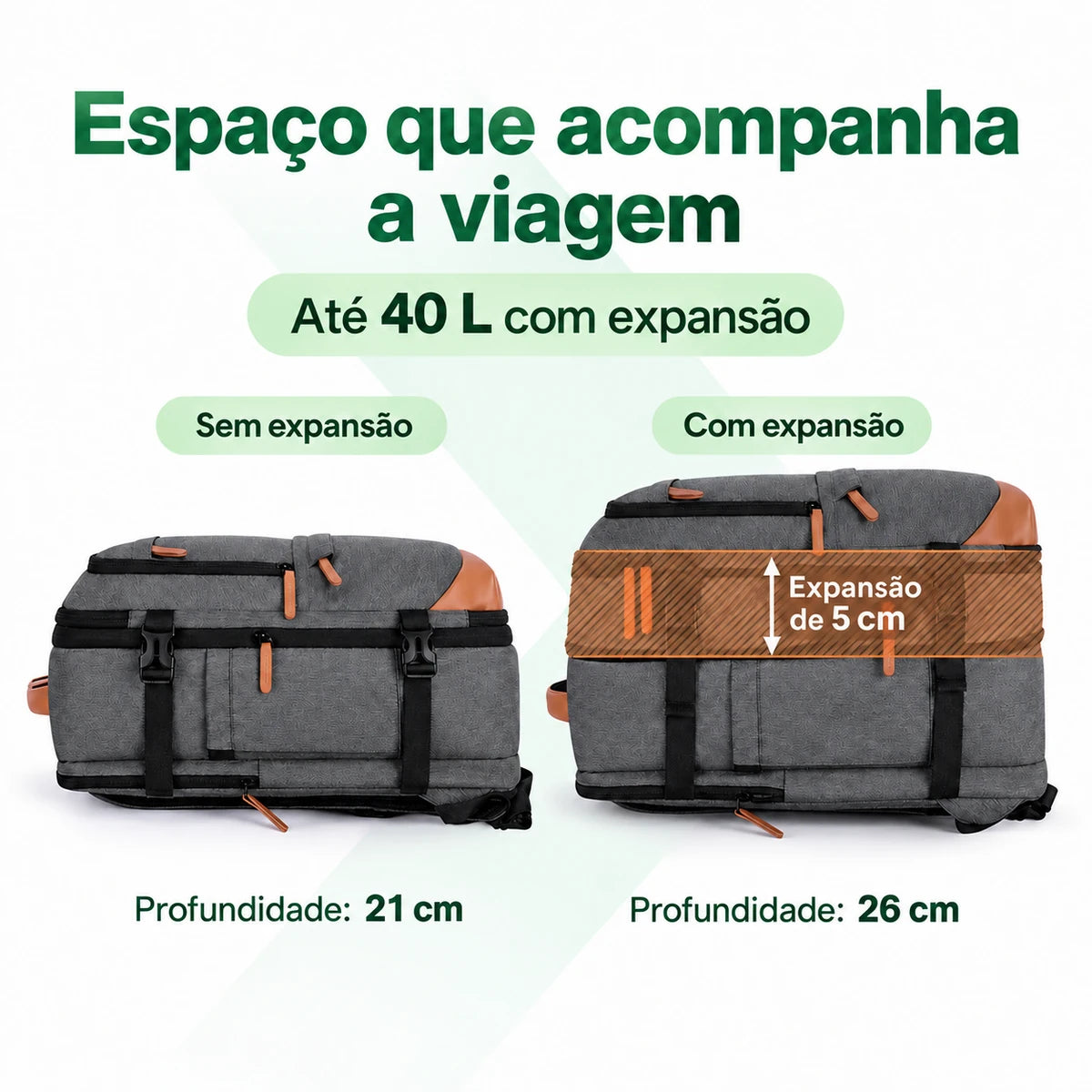 Mochila Cinza com profundidade de 21 cm sem expansão e 26 cm com expansão, até 40 L expandida
