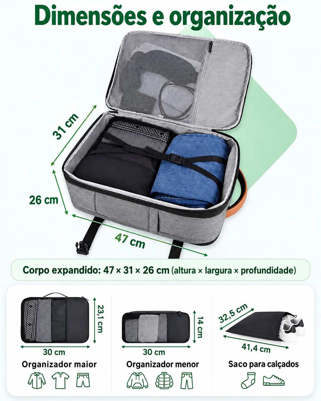 Dimensões da mochila Cinza expandida e dos três organizadores em centímetros