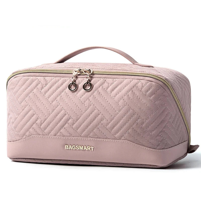 Necessaire cosmética Bags Mart cor Rosa com alça de mão e zíperes dourados