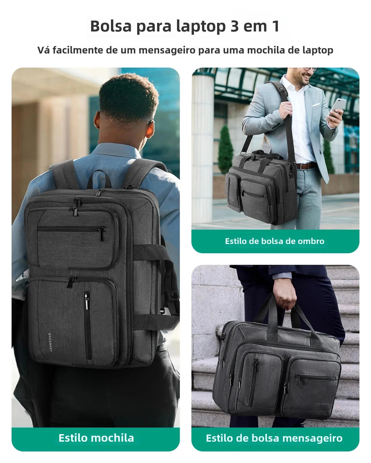 Mochila executiva Cinza em uso como mochila, bolsa de ombro e maleta