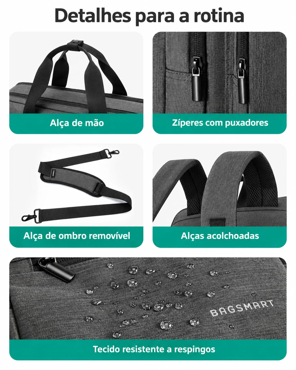 Alças e detalhes do tecido da mochila executiva Cinza