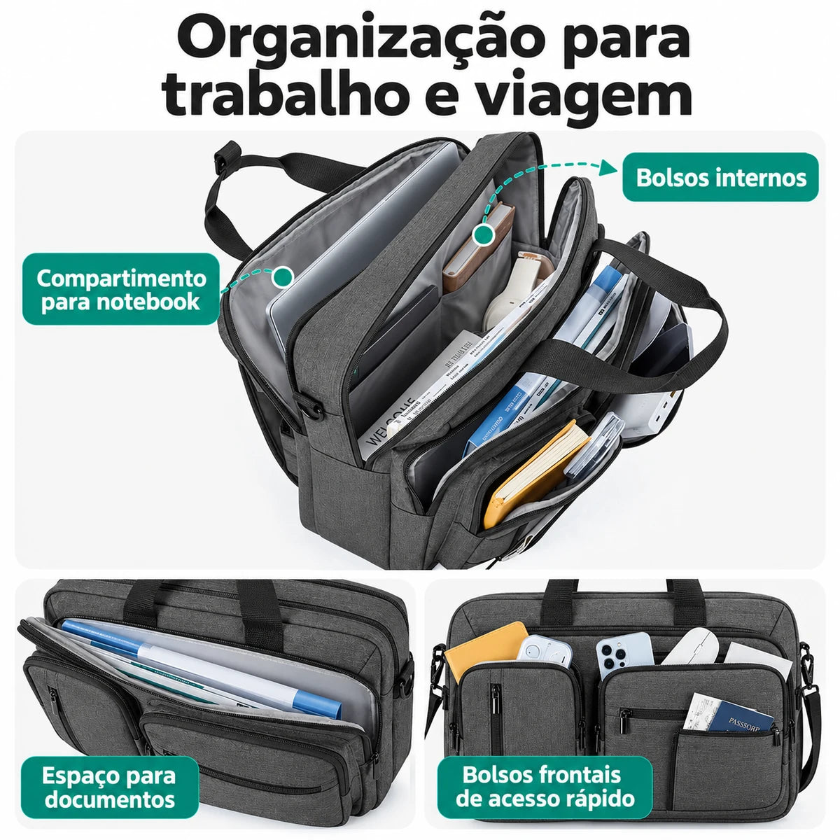 Compartimentos e bolsos para notebook e documentos da mochila executiva Cinza