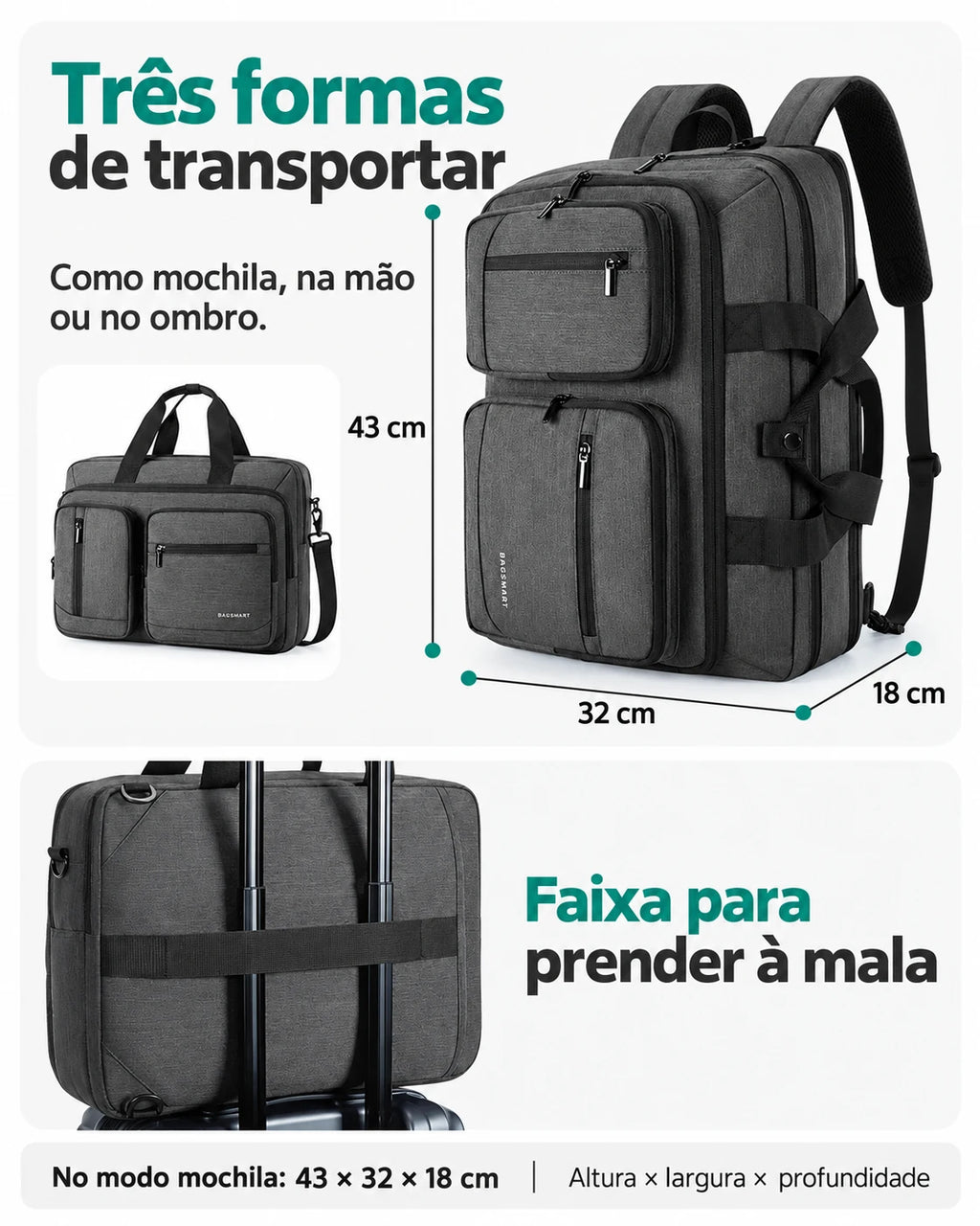 Mochila executiva Cinza com 43 cm de altura, 32 cm de largura e 18 cm de profundidade
