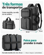 Mochila executiva Cinza com 43 cm de altura, 32 cm de largura e 18 cm de profundidade