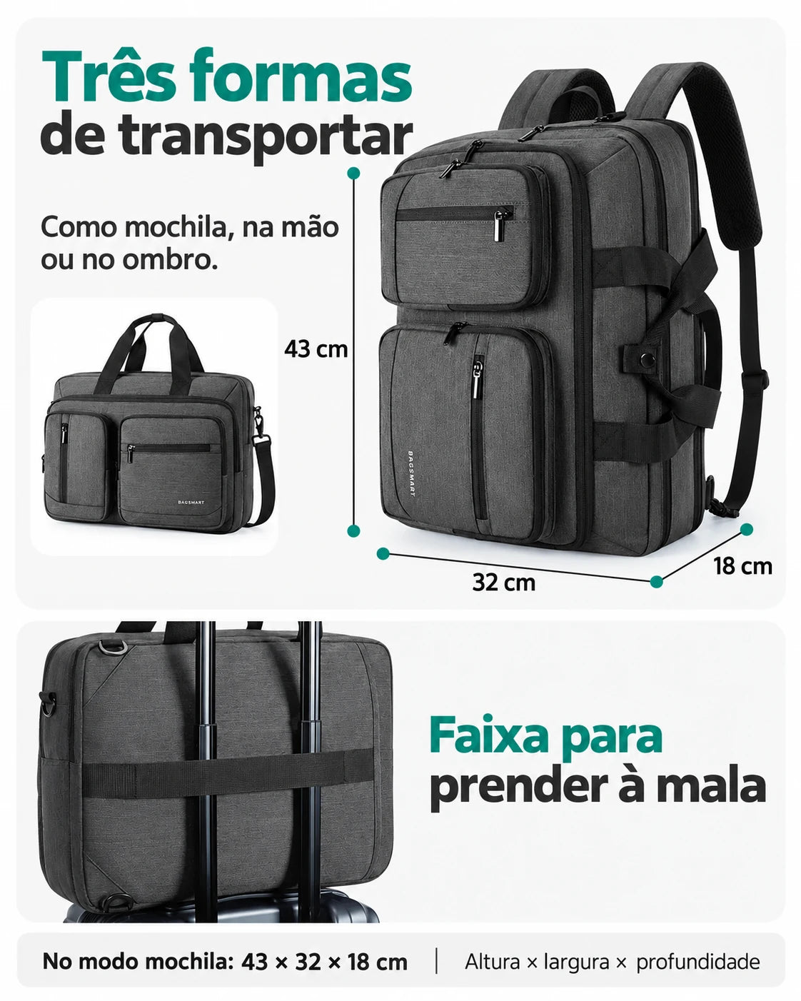 Mochila executiva Cinza com 43 cm de altura, 32 cm de largura e 18 cm de profundidade