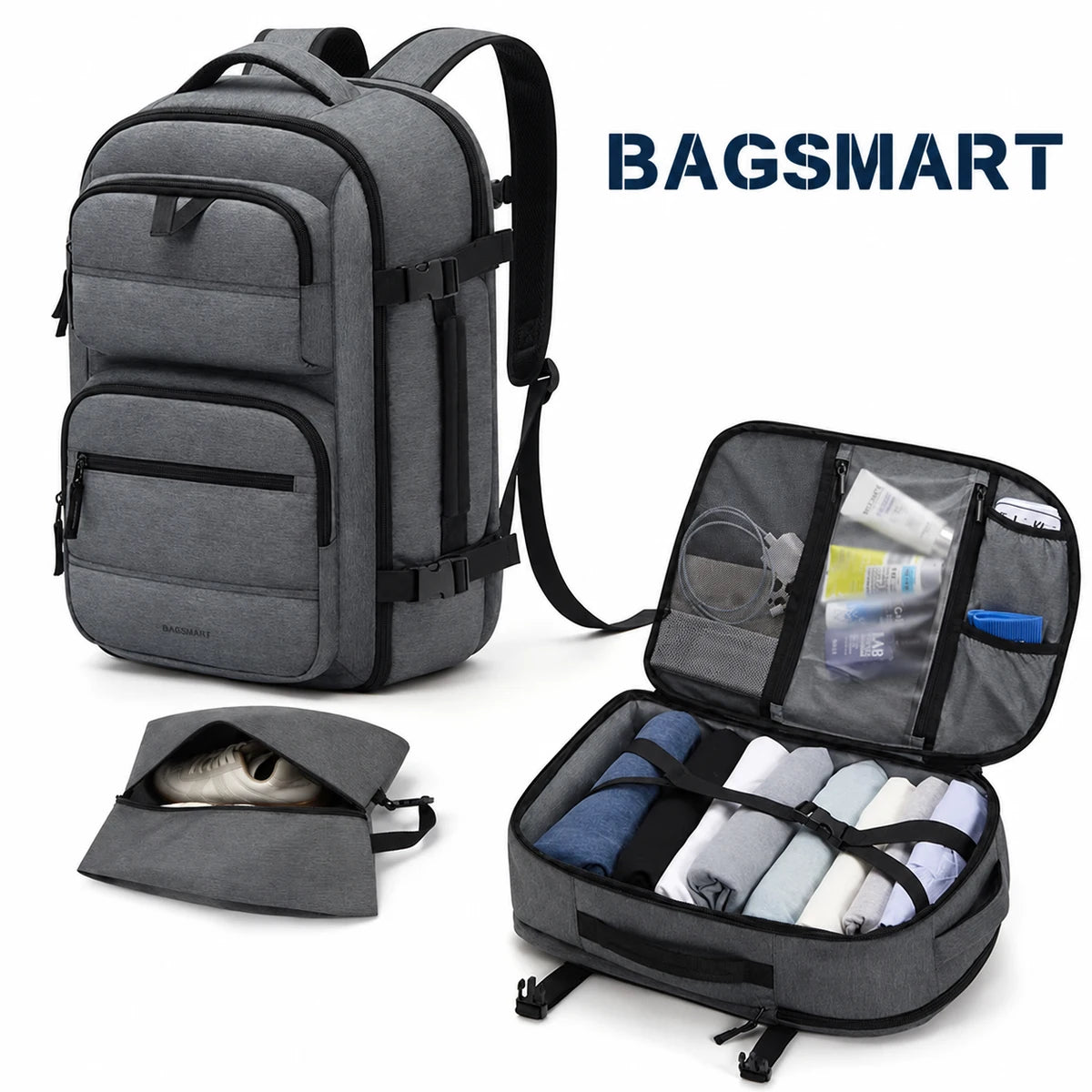 Kit com mochila de viagem Cinza de 40 L e saco para calçados Bags Mart