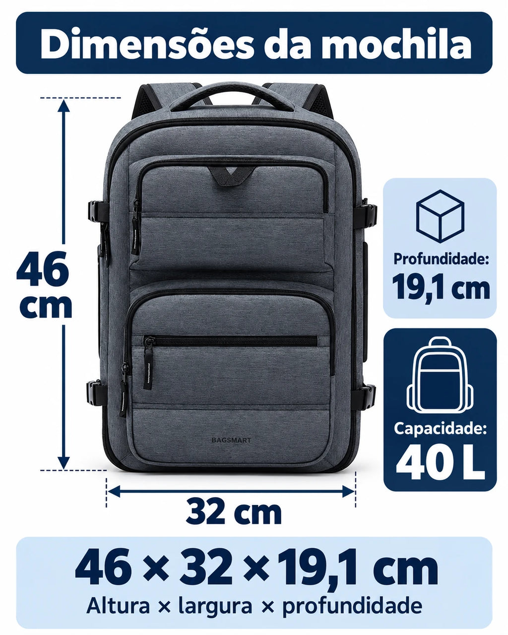 Mochila Cinza de 40 L com 46 cm de altura, 32 cm de largura e 19,1 cm de profundidade