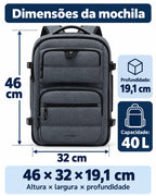 Mochila Cinza de 40 L com 46 cm de altura, 32 cm de largura e 19,1 cm de profundidade