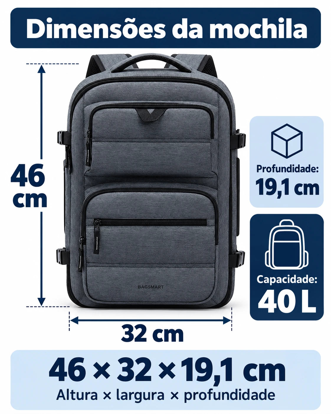 Mochila Cinza de 40 L com 46 cm de altura, 32 cm de largura e 19,1 cm de profundidade