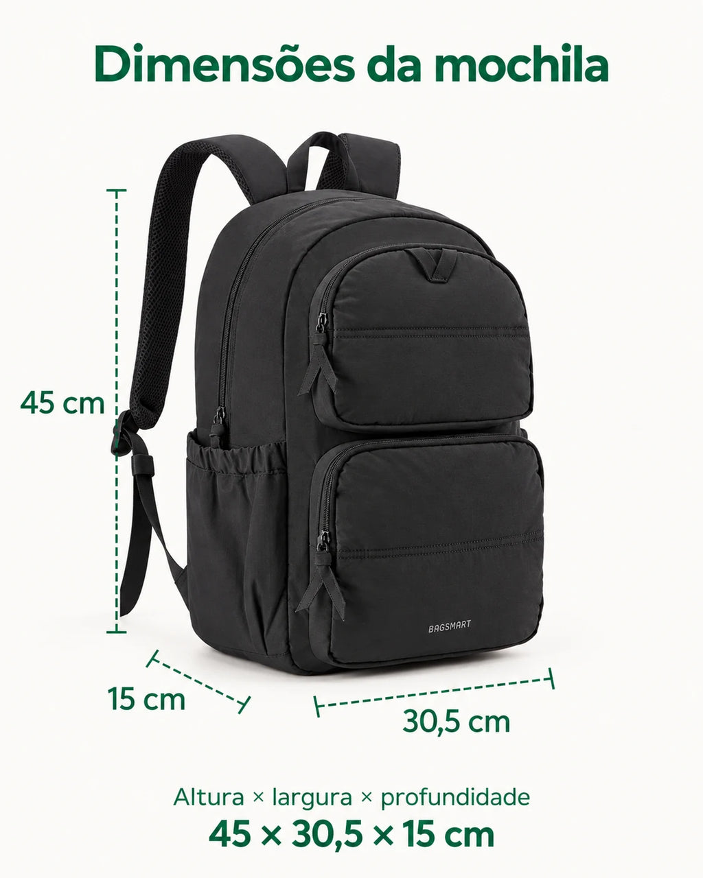 Dimensões da mochila escolar Preta: 45 cm de altura, 30,5 cm de largura e 15 cm de profundidade