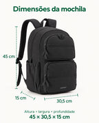 Dimensões da mochila escolar Preta: 45 cm de altura, 30,5 cm de largura e 15 cm de profundidade