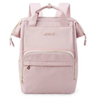 Vista frontal da mochila Rosa com bolso acolchoado e alças de mão