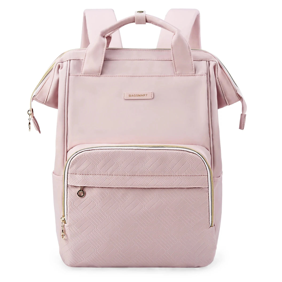 Vista frontal da mochila Rosa com bolso acolchoado e alças de mão