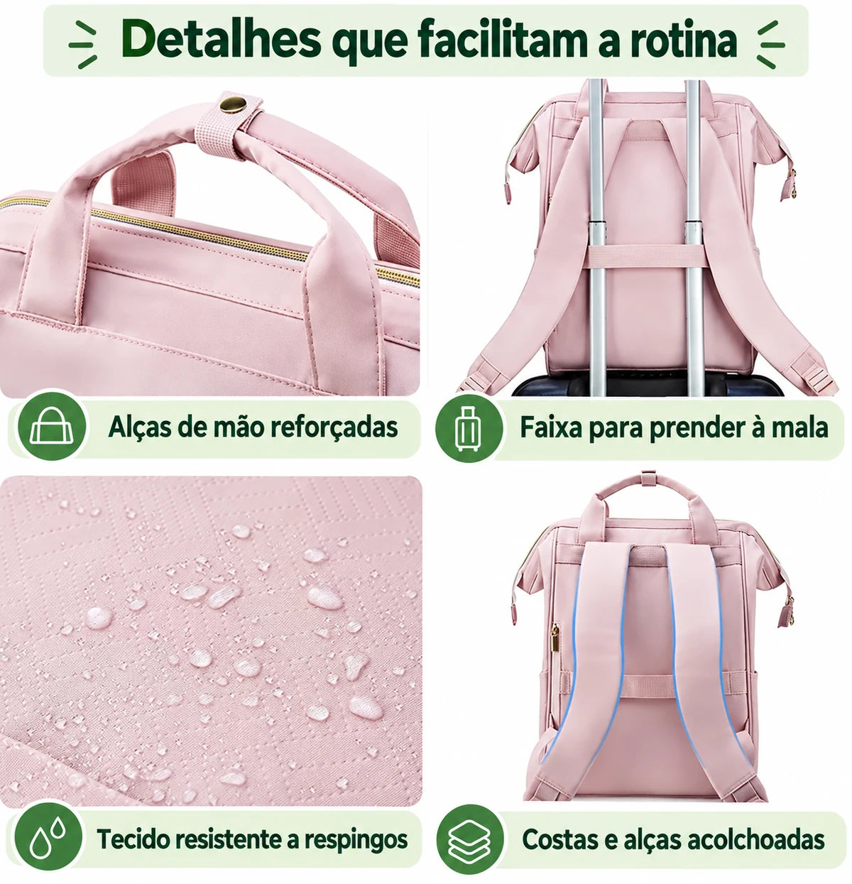 Alças acolchoadas, faixa para mala e tecido da mochila Rosa