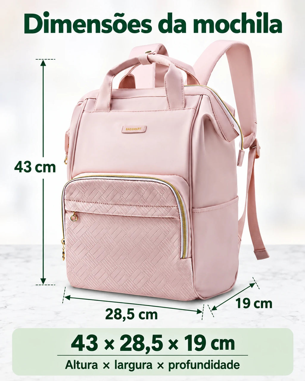 Dimensões da mochila de abertura ampla Rosa: 43 por 28,5 por 19 cm