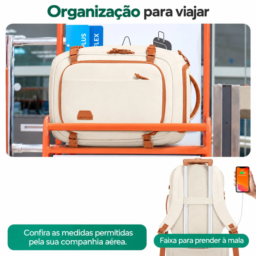 Mochila Bege em viagem e faixa para puxador de mala