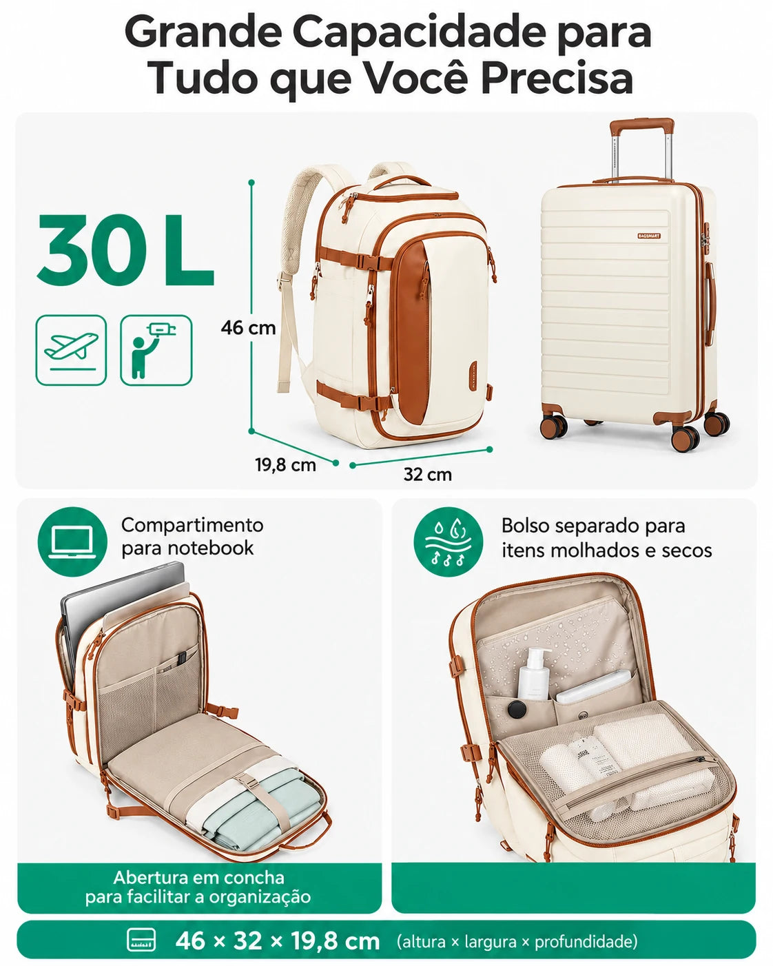 Mochila Bege de 30 L com dimensões de 46 por 32 por 19,8 cm