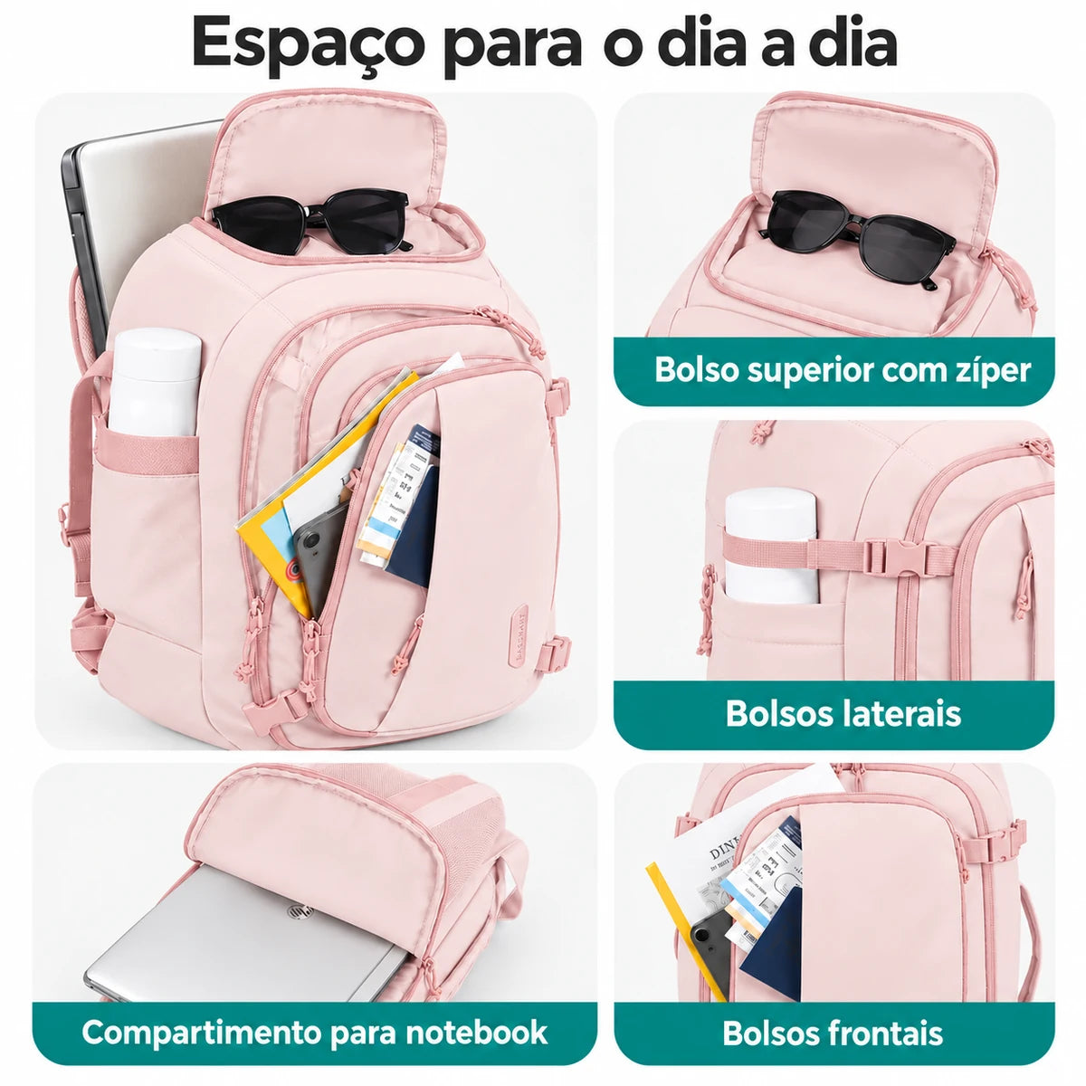 Compartimentos, bolsos e forro Rosa da mochila de viagem Bags Mart