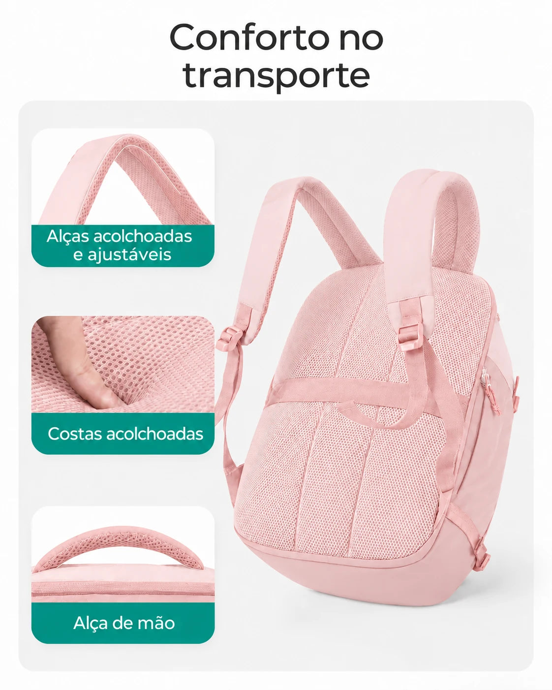 Alças ajustáveis e acolchoamento das costas da mochila Rosa