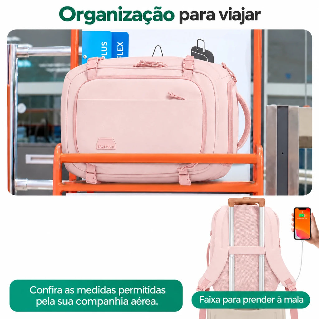 Mochila Rosa em viagem e faixa para puxador de mala