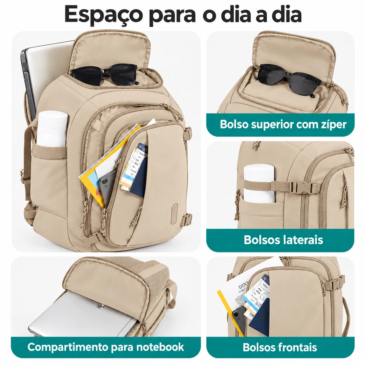 Compartimentos, bolsos e forro Cáqui da mochila de viagem Bags Mart