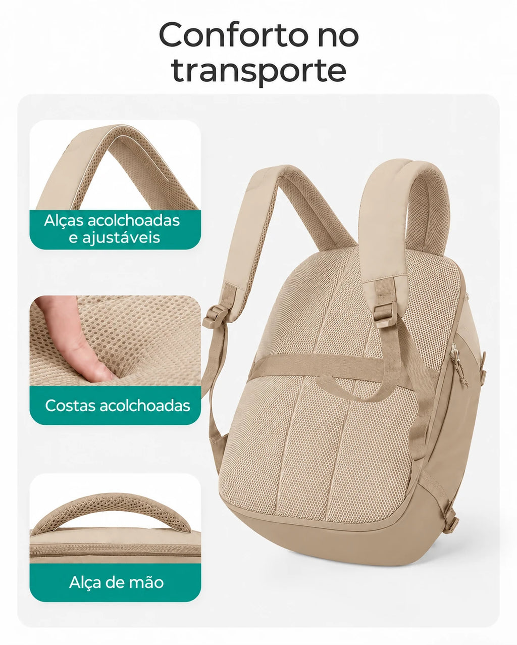 Alças ajustáveis e acolchoamento das costas da mochila Cáqui
