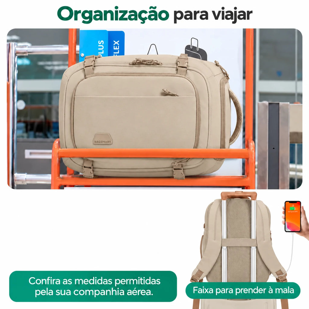 Mochila Cáqui em viagem e faixa para puxador de mala
