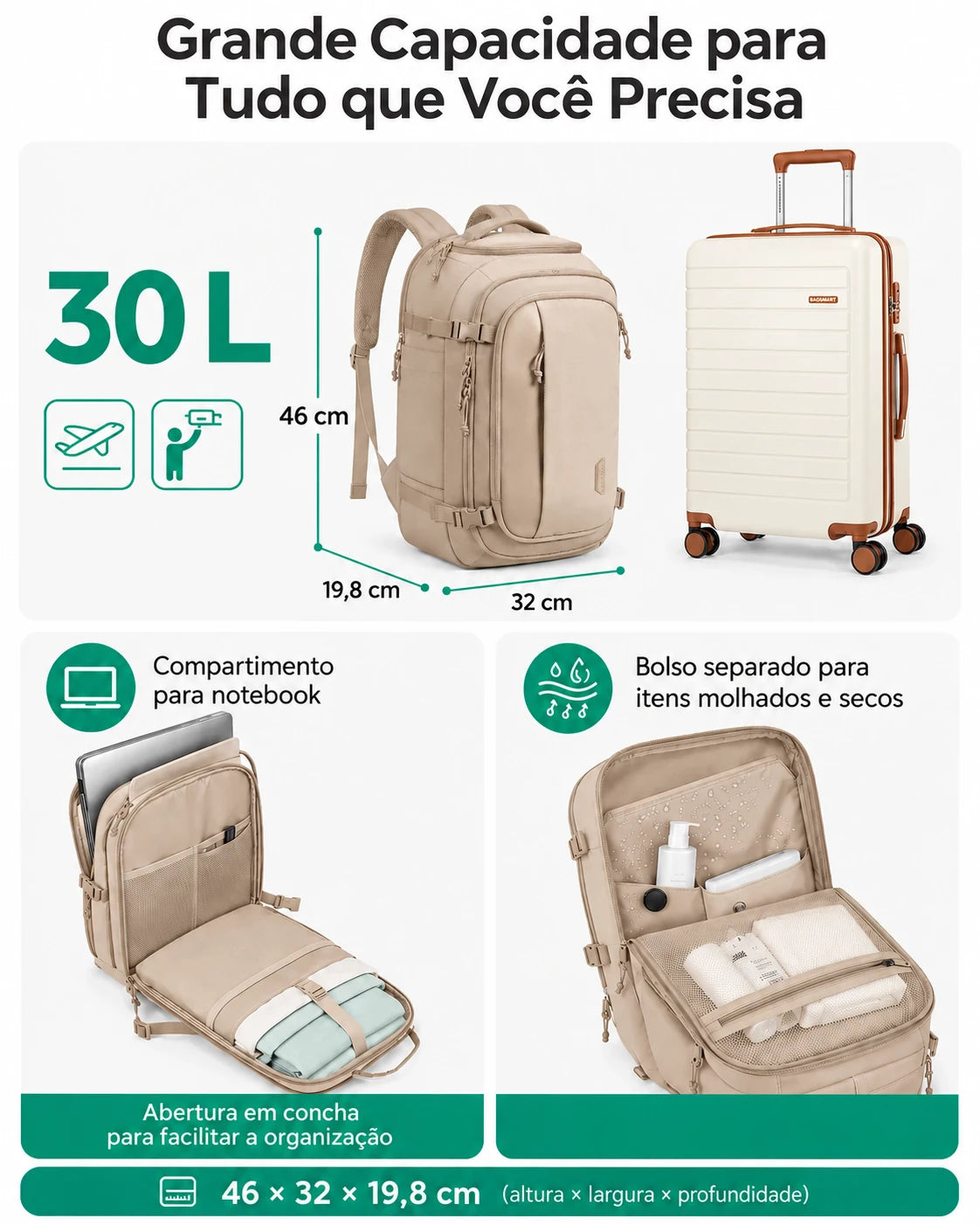 Mochila Cáqui de 30 L com dimensões de 46 por 32 por 19,8 cm