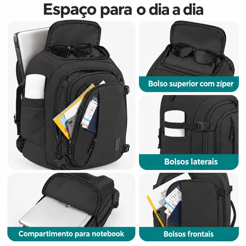 Compartimentos, bolsos e forro Preto da mochila de viagem Bags Mart