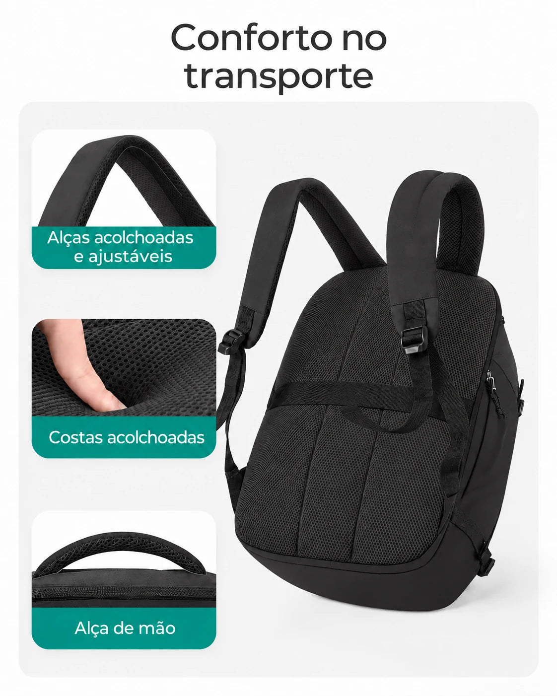 Alças ajustáveis e acolchoamento das costas da mochila Preto