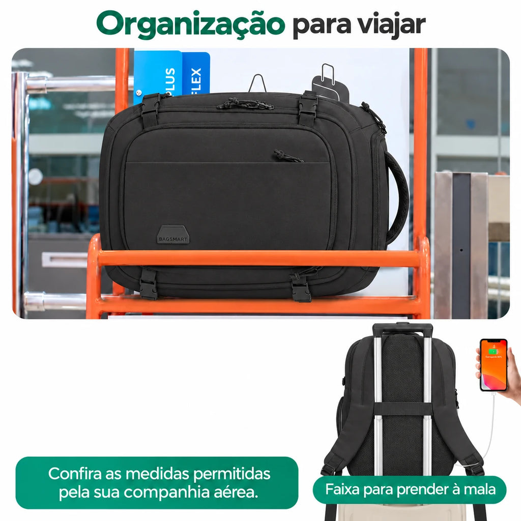 Mochila Preto em viagem e faixa para puxador de mala