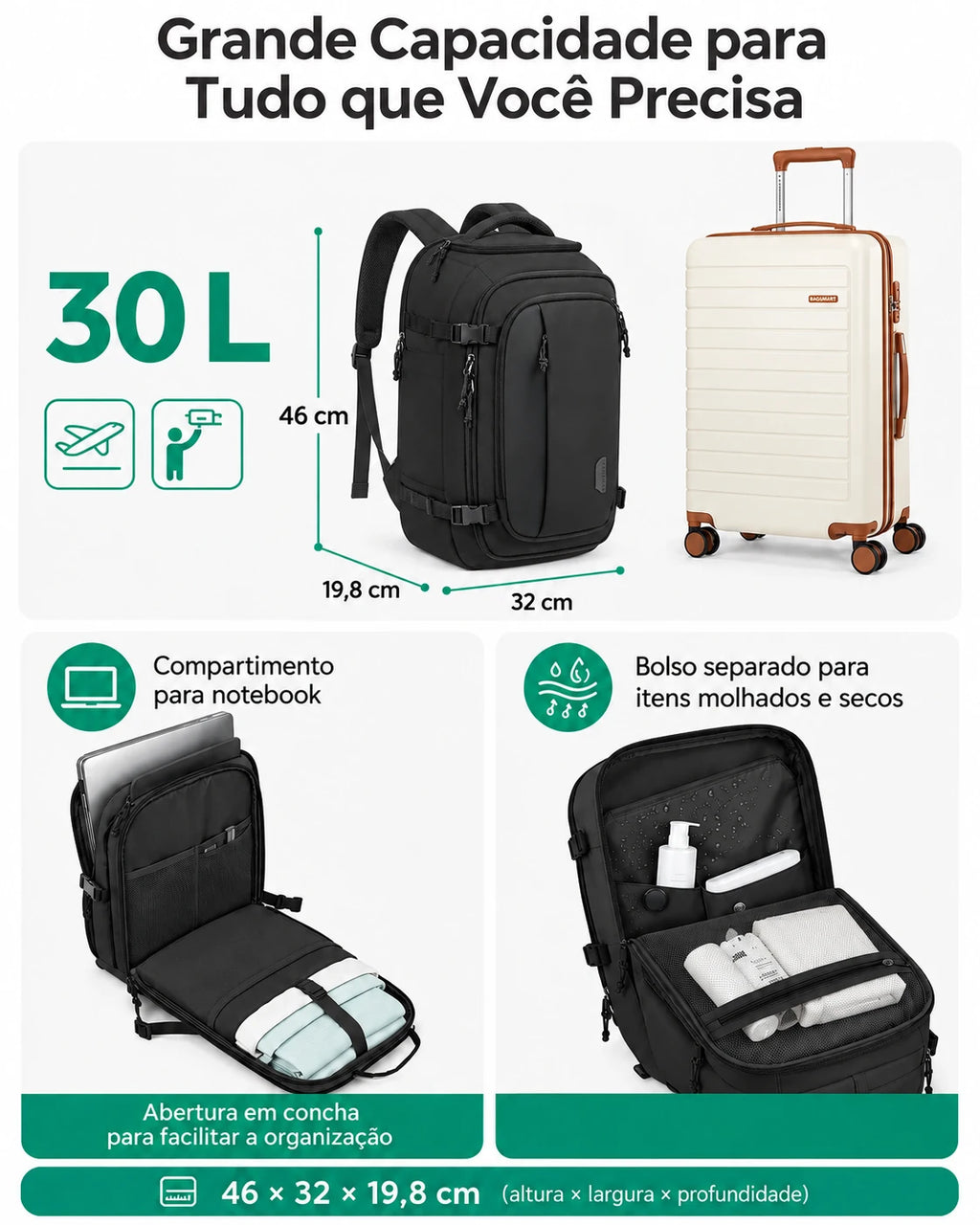 Mochila Preto de 30 L com dimensões de 46 por 32 por 19,8 cm