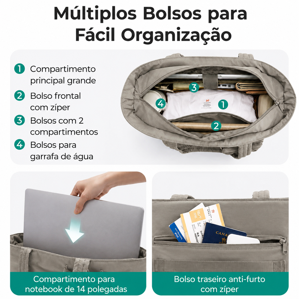 Bolsa Tote Feminina com Laço Cinza - Organização Interna
