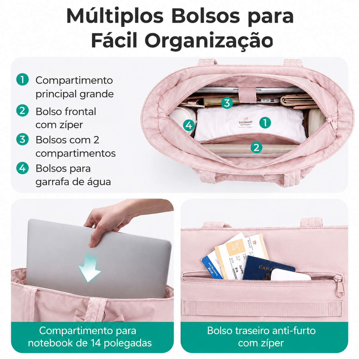 Bolsa Tote com Laço Bags Mart Rosa - Organização