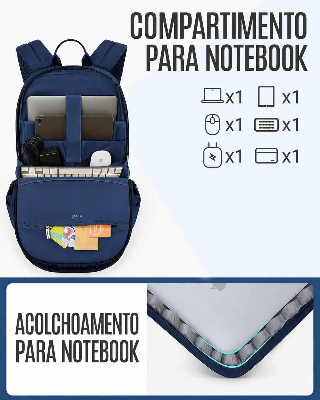 Compartimento acolchoado para notebook e forro Azul da mochila Light Flight