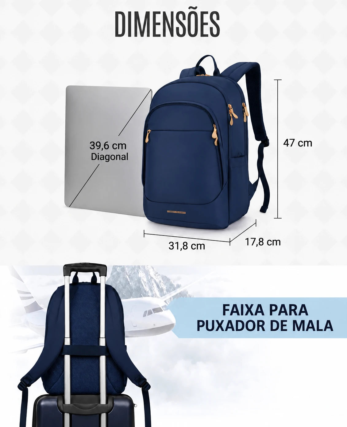 Mochila Light Flight cor Azul: 47 cm de altura, 31,8 cm de largura e 17,8 cm de profundidade