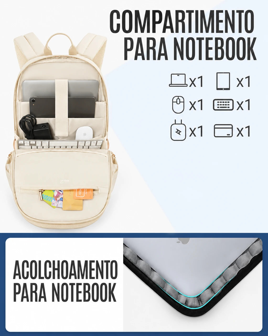 Compartimento acolchoado para notebook e forro Bege da mochila Light Flight