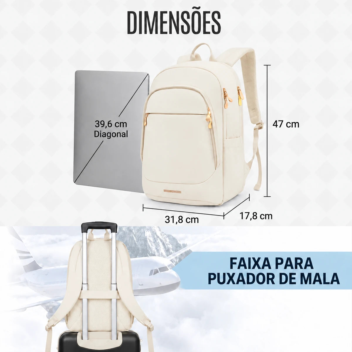Mochila Light Flight cor Bege: 47 cm de altura, 31,8 cm de largura e 17,8 cm de profundidade