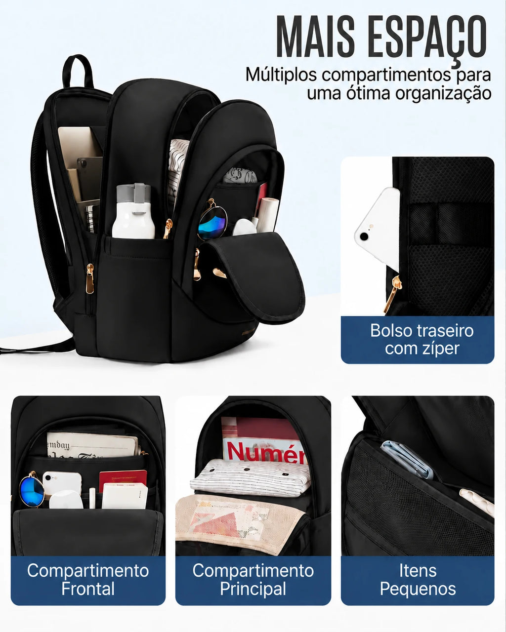 Bolsos divisores, compartimentos e forro Preto da mochila Light Flight
